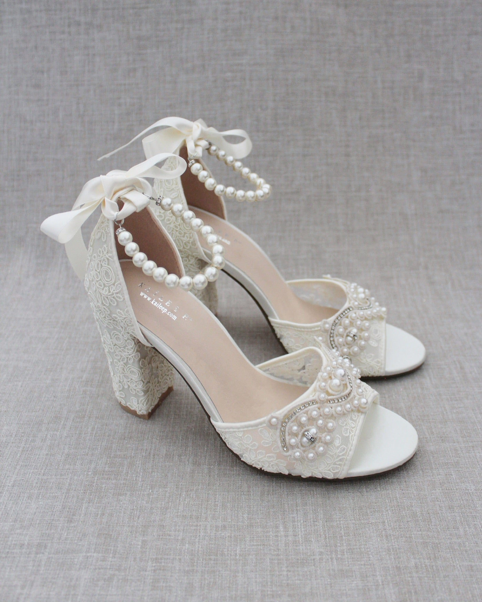 Crochet Lace Block Heel Sandals with Small Pearl Applique Women Shoes Bridal shoes Bridesmaid shoes