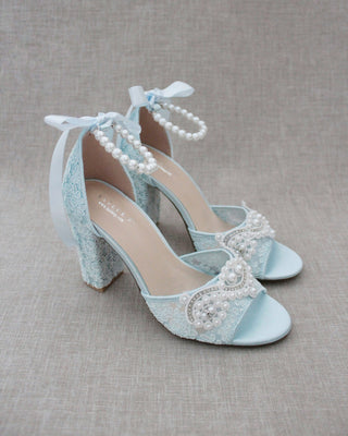 Crochet Lace Block Heel Sandals with Small Pearls AppliqueWomen Shoes