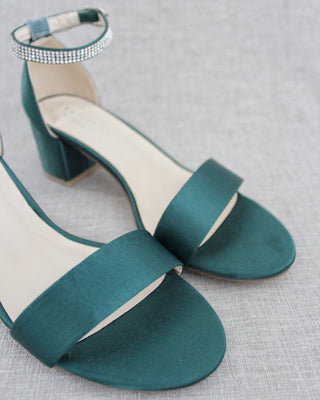 Satin Block Heel Sandals with Mini Rhinestones Embellished Ankle Strap
