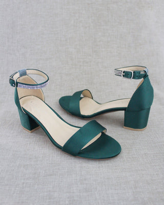 Satin Block Heel Sandals with Mini Rhinestones Embellished Ankle Strap
