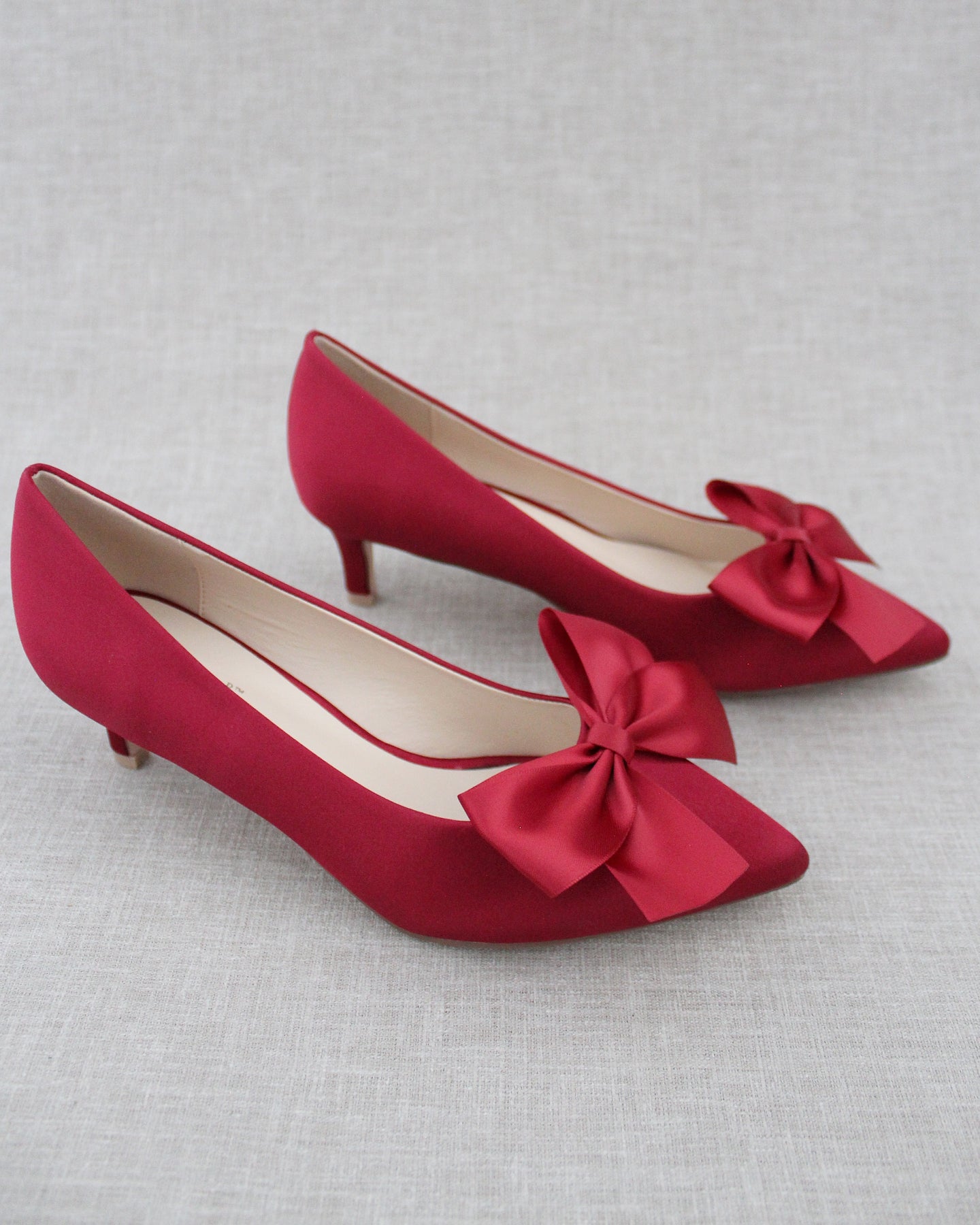 Burgundy Satin Pointy Toe Pump Low Heel with Satin Bow Bridal