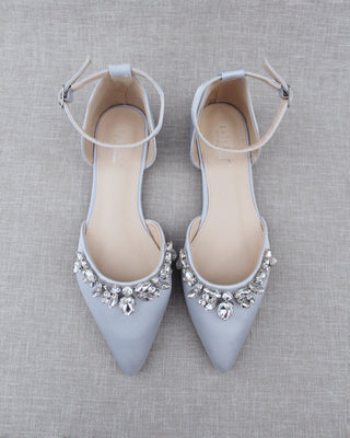 Satin Pointy Toe Flats with Teardrop Rhinestones Embellishments