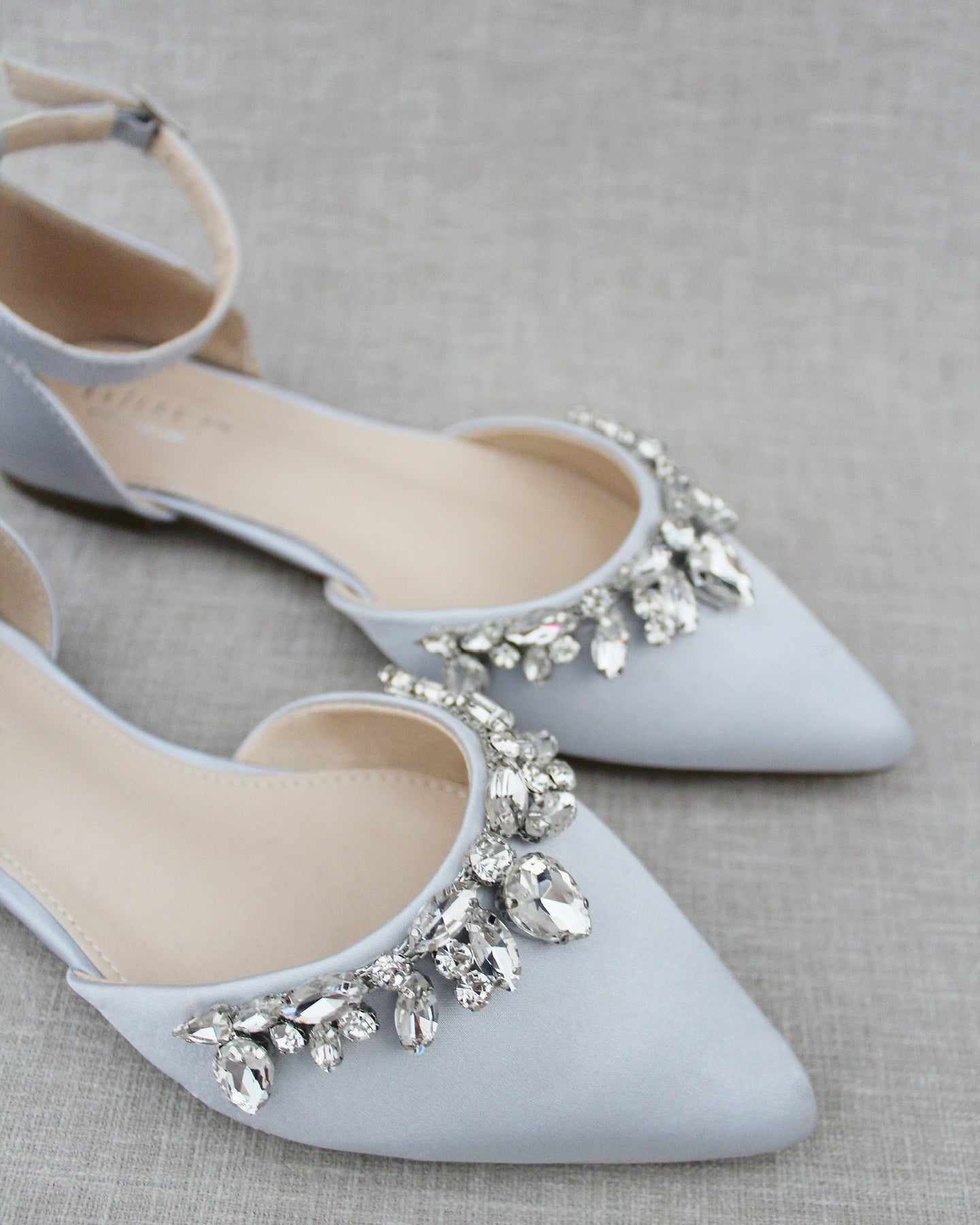 Silver Satin Pointy Toe Flats with Teardrop Rhinestones