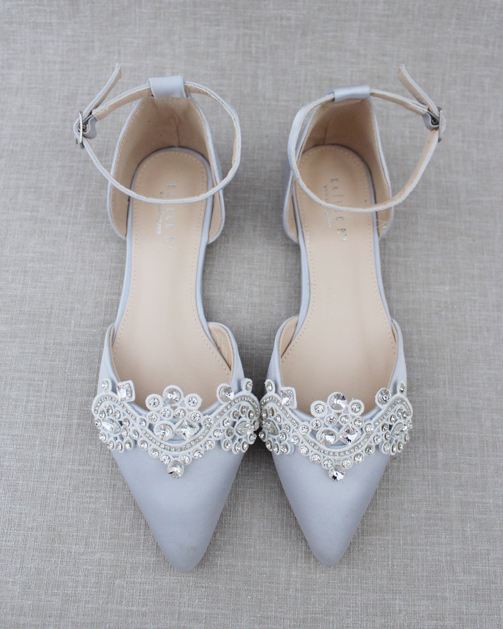 Silver Satin Pointy Toe Flats with Rhinestones Applique