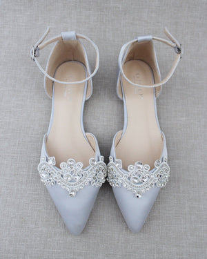 Satin Pointy Toe Flats with Rhinestones Applique Embellishments