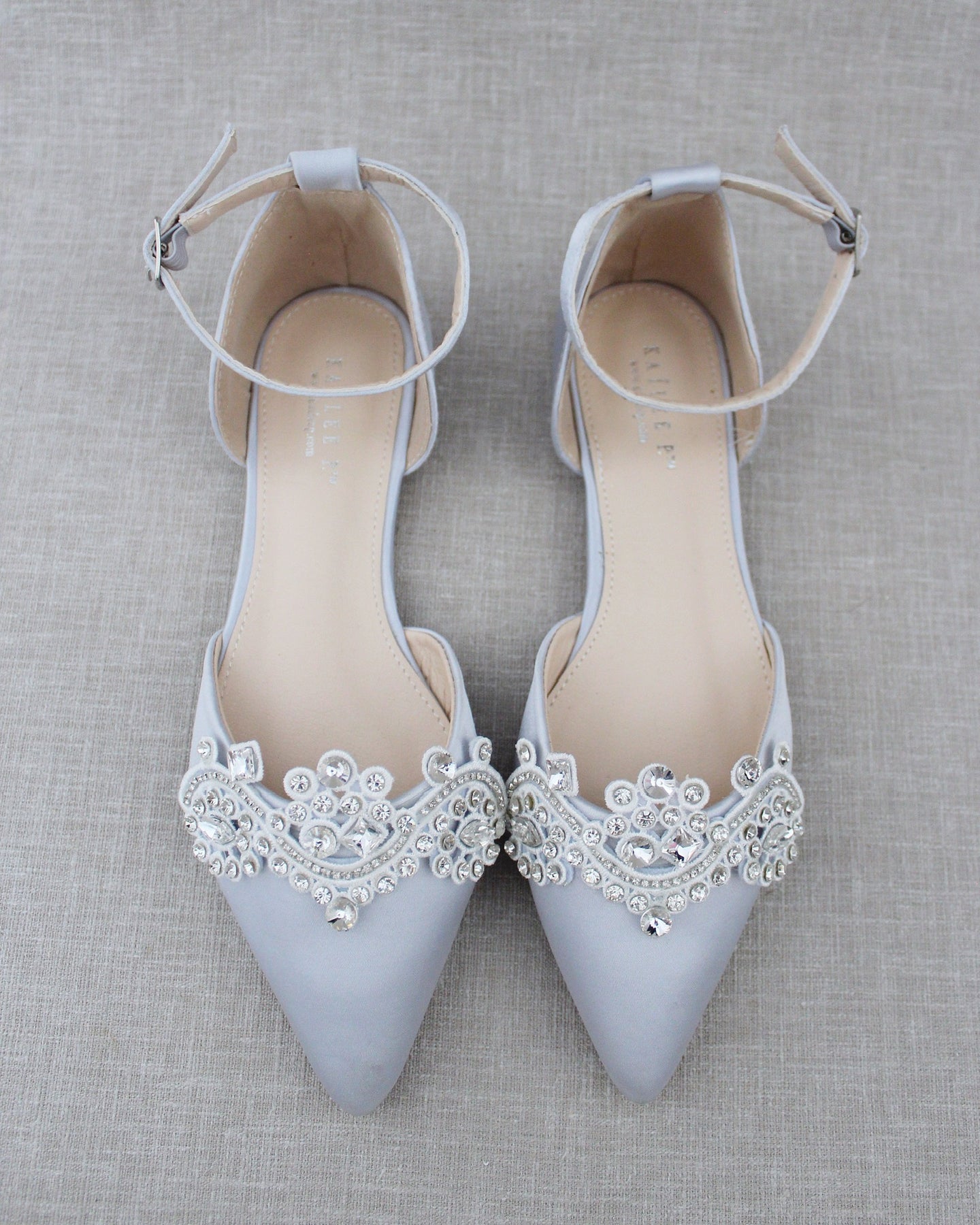 Silver Satin Pointy Toe Flats with Rhinestones Applique Embellishments ...