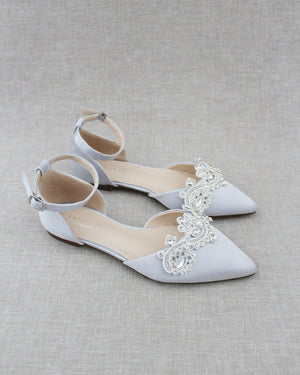 Satin Pointy Toe Flats with Rhinestones Applique Embellishments