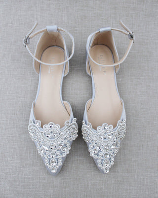Satin Pointy Toe Flats with Rhinestones Applique Embellishments