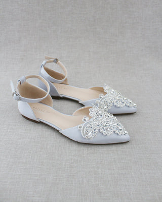Satin Pointy Toe Flats with Rhinestones Applique Embellishments