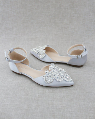 Satin Pointy Toe Flats with Rhinestones Applique Embellishments