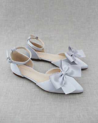 Silver Satin Flats with Bow