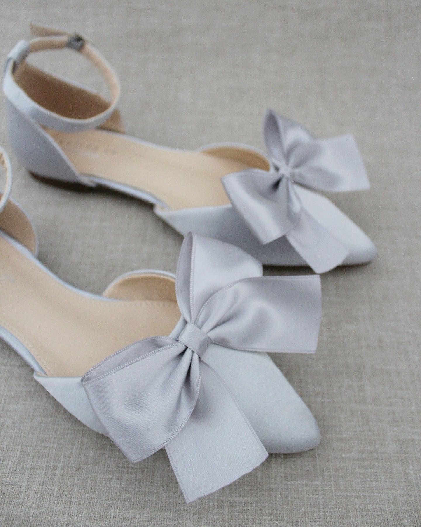 Silver Satin Pointy Toe flats with Front Satin Bow - Women Shoes ...