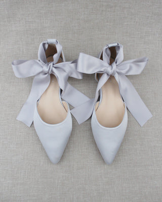 Satin Pointy Toe Flats with Satin Ankle Tie or Ballerina Lace Up