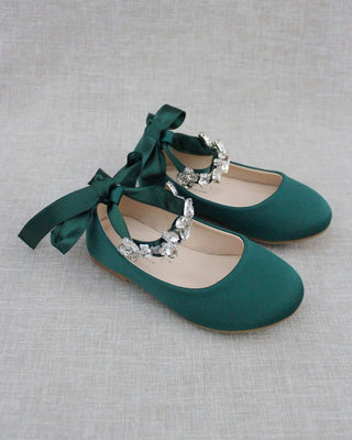 Hunter Green Satin Girls Ballet Flats with Navette Cluster Rhinestones 9 Toddler Hunter Green Satin Girls Ballet Flats with Navette Cluster Rhinestones 9 Toddler