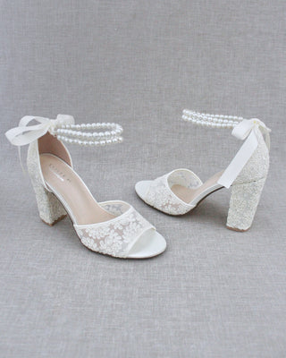 ivory wedding block heels with pearls