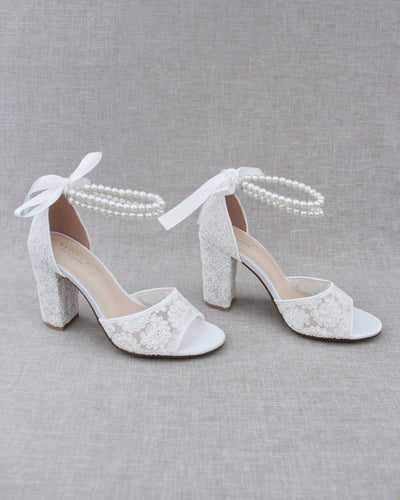 white wedding block heels with pearls