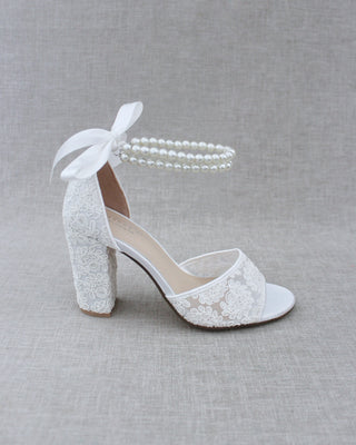 white wedding block heels with pearls