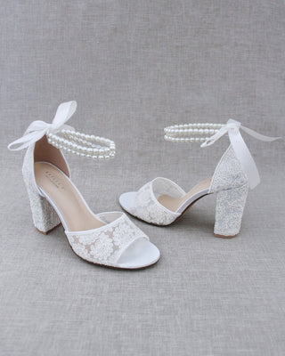 white wedding block heels with pearls