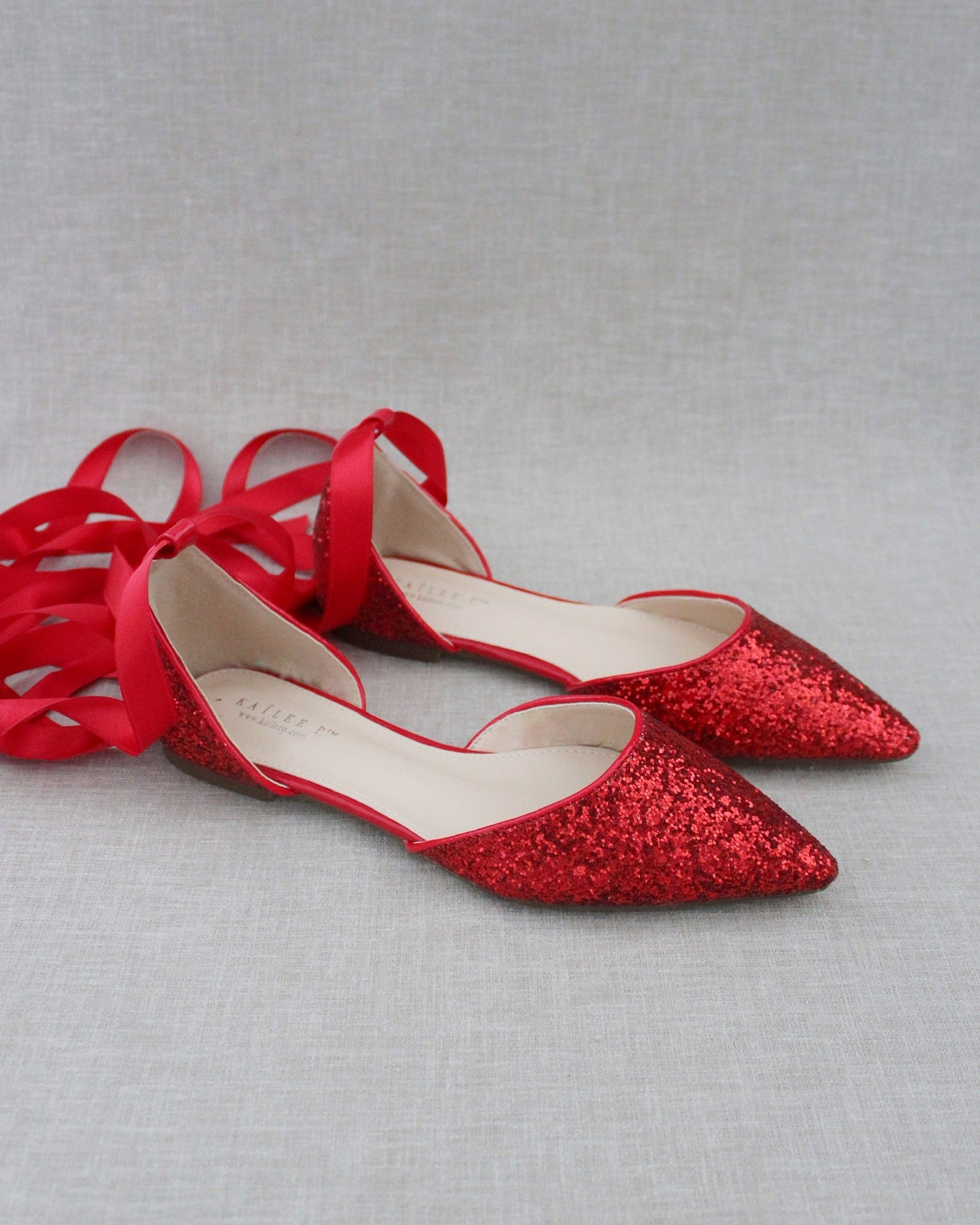 Red Pointy Toe Glitter Flats, Evening Shoes, Bridesmaids Shoes 8.5