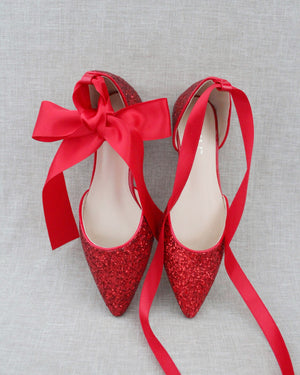 Rock Glitter Pointy Toe Flats with Satin Ankle Tie or Ballerina Lace Up