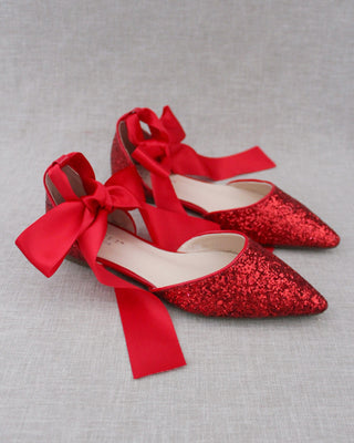 Rock Glitter Pointy Toe Flats with Satin Ankle Tie or Ballerina Lace Up