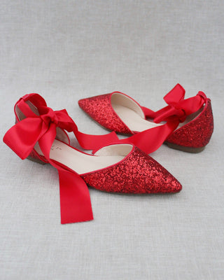 Rock Glitter Pointy Toe Flats with Satin Ankle Tie or Ballerina Lace Up