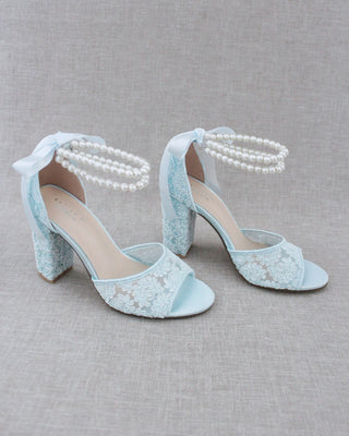 light blue wedding block heels with pearls