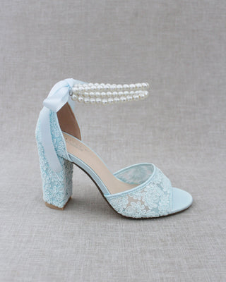 light blue wedding block heels with pearls