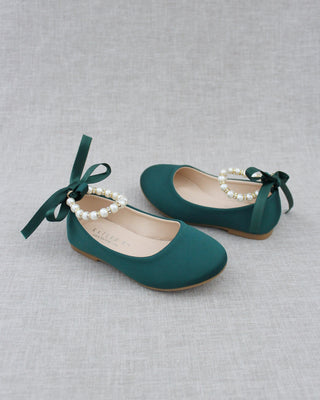 Satin Flats with Pearl Ankle Tie - Baby Shoes Holiday Gift Set (1 PAIR)Kids Shoes
