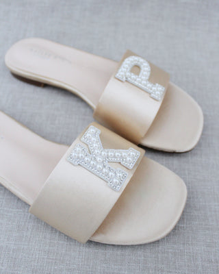 Personalized Satin Slip On Flat Wedding Sandals