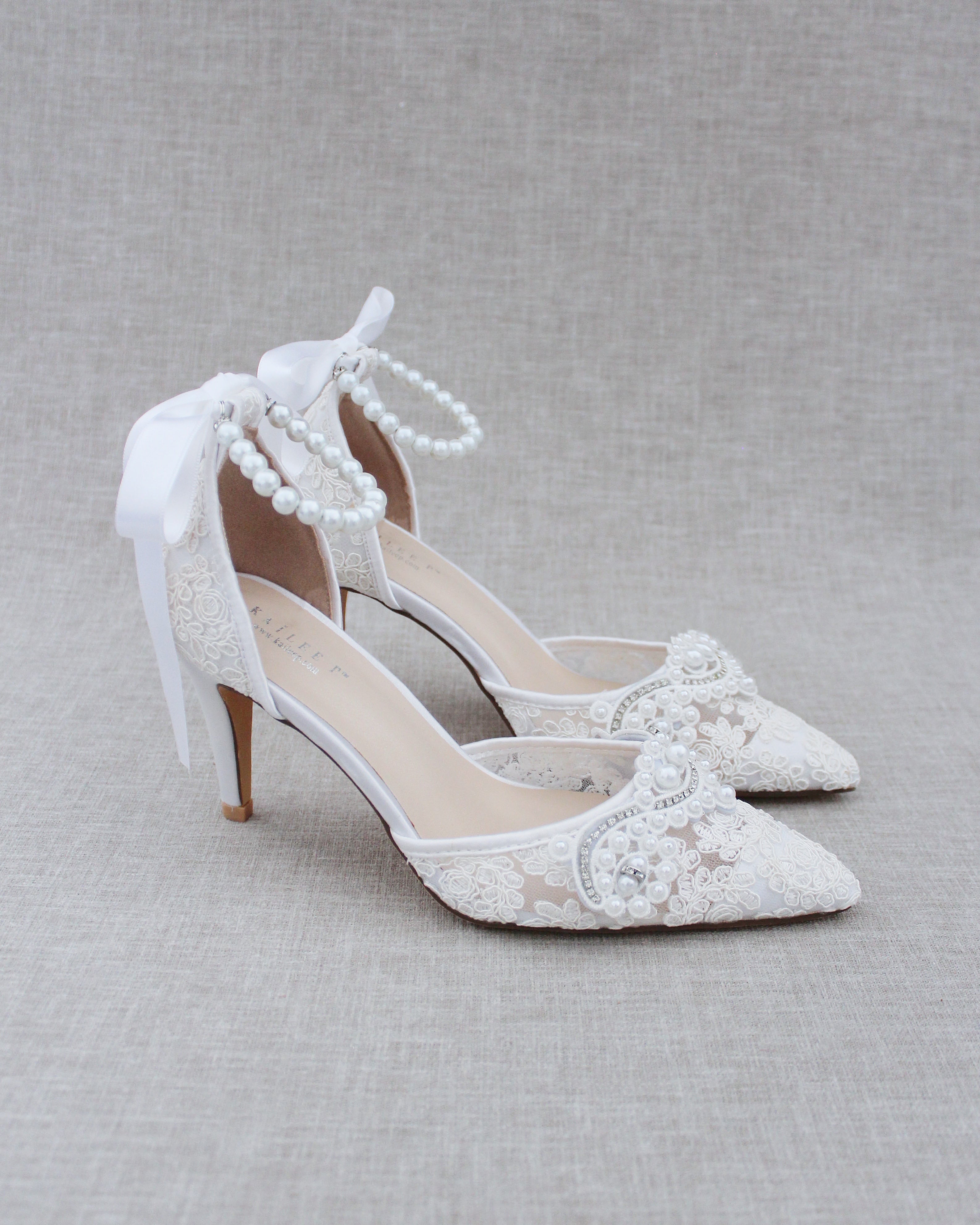 Lace Bridal Heels with Pearl Detail, Wedding Shoes, Evening Heels