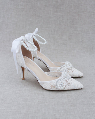 Lace Bridal Heels with Pearl Detail
