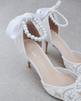Lace Bridal Heels with Pearl Detail