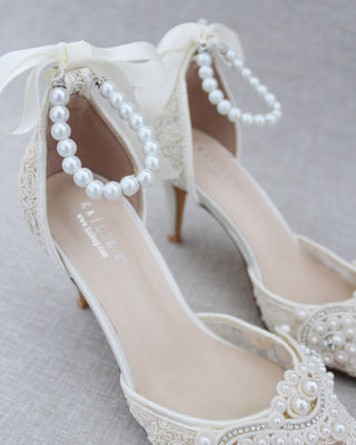 Lace Bridal Heels with Pearl Detail