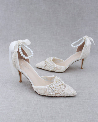 Lace Bridal Heels with Pearl Detail