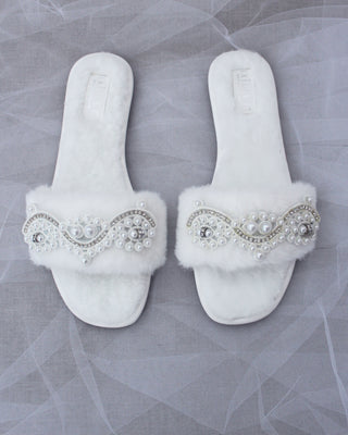 Faux Fur Slide Flat Sandals with Small Pearls AppliqueWomen Shoes