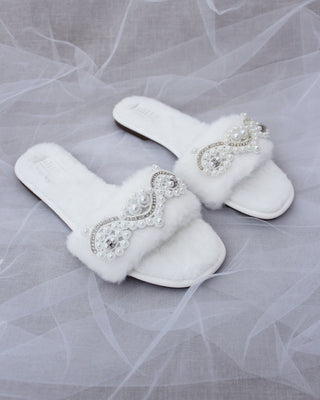 Faux Fur Slide Flat Sandals with Small Pearls AppliqueWomen Shoes