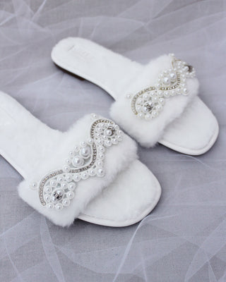 Faux Fur Slide Flat Sandals with Small Pearls AppliqueWomen Shoes
