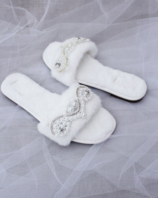 Faux Fur Slide Flat Sandals with Small Pearls AppliqueWomen Shoes