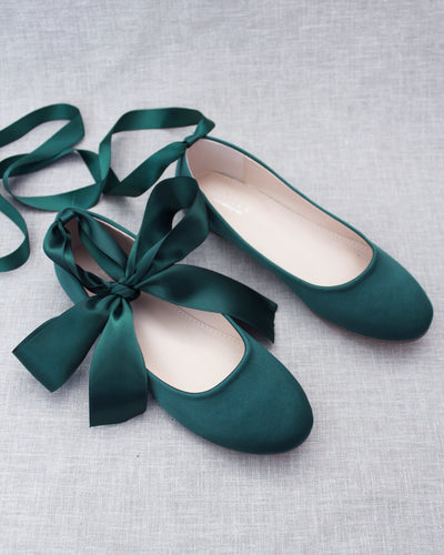 Dark Green Satin Women Flats with Ballerina Laces