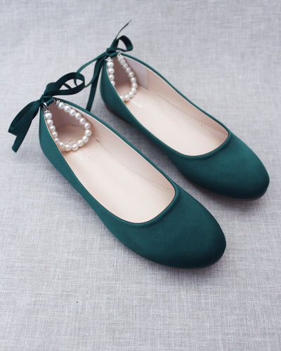 Dark Green Satin Women Flats with Pearl Straps