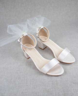 Satin Block Heel Sandal with Ivory Tulle Back Bow