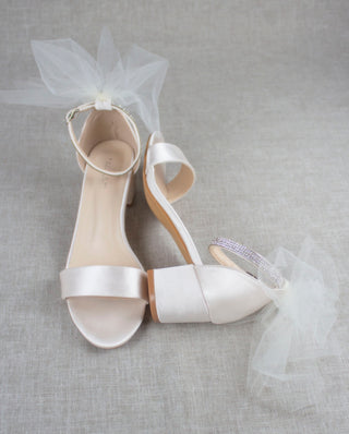 Satin Block Heel Sandal with Ivory Tulle Back Bow