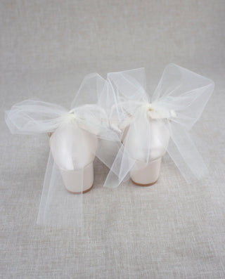 Satin Block Heel Sandal with Ivory Tulle Back Bow