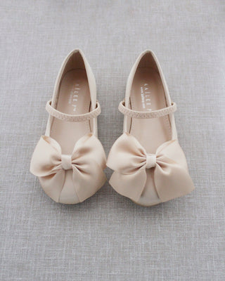 Champagne Mary Jane Girls Flats with Flowers