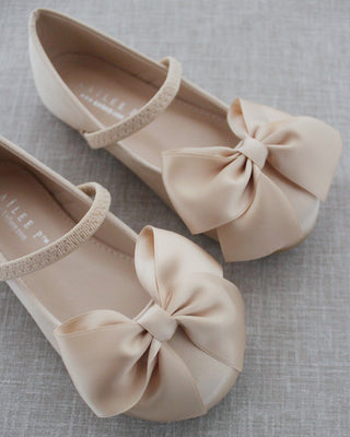 Champagne Mary Jane Girls Flats with Flowers