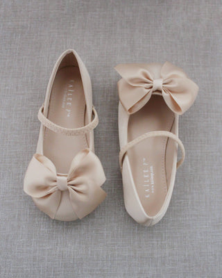 Champagne Mary Jane Girls Flats with Flowers