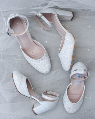 White Glitter Kids Block Heels with Satin Ties