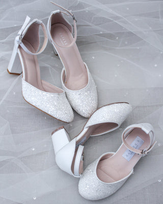 White Glitter Kids Block Heels