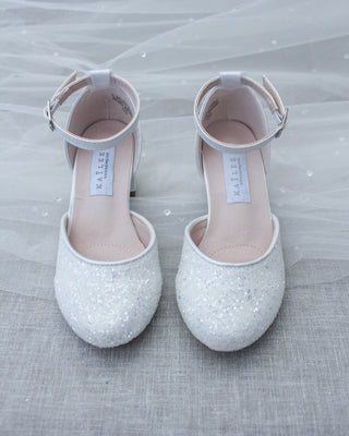 White Glitter Kids Block Heels